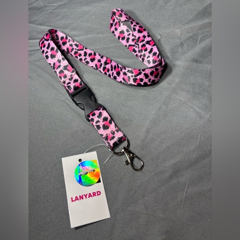 New Pink Leopard Print Lanyard with Silver Hardware
